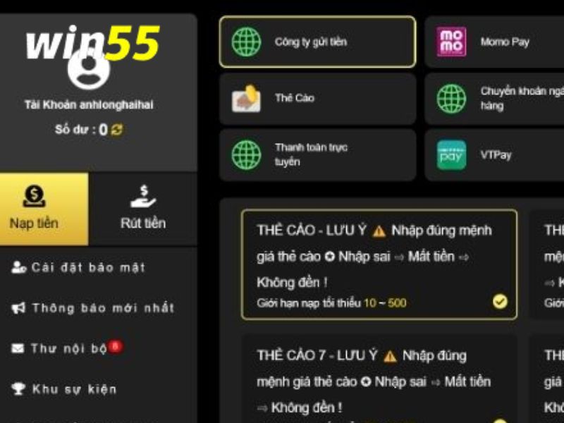 WIN55 sử dụng nhiều phương thức nạp tiền nhanh